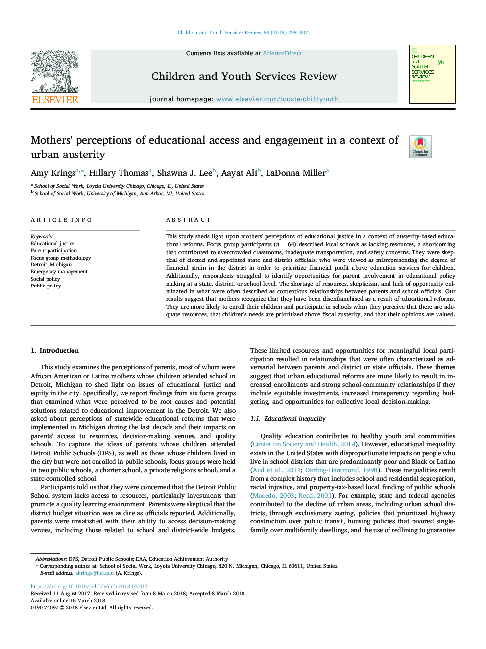 Mothers' perceptions of educational access and engagement in a context of urban austerity