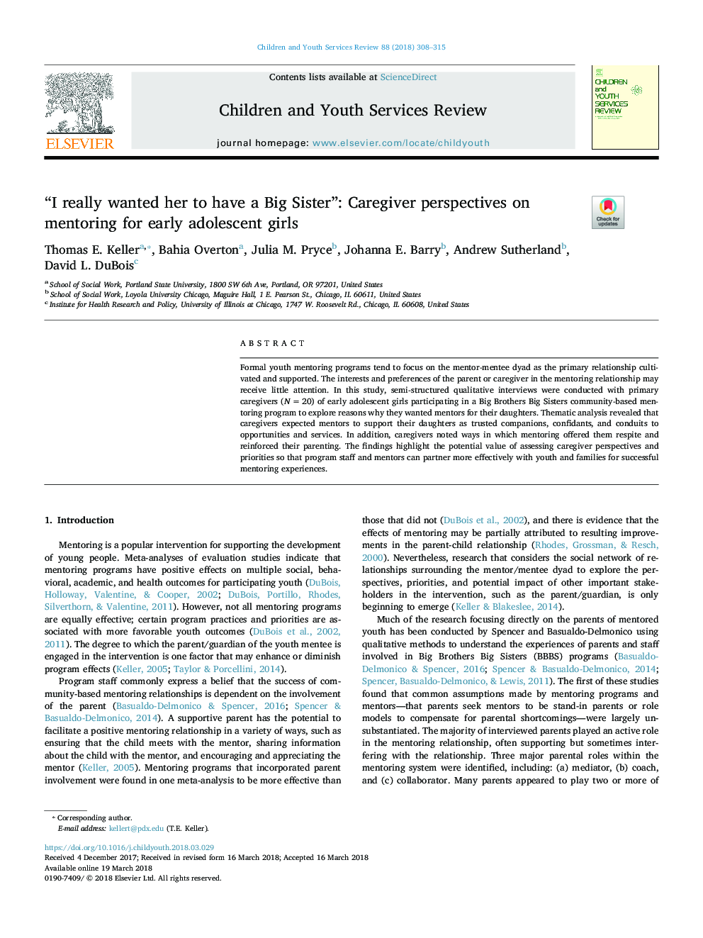 “I really wanted her to have a Big Sister”: Caregiver perspectives on mentoring for early adolescent girls