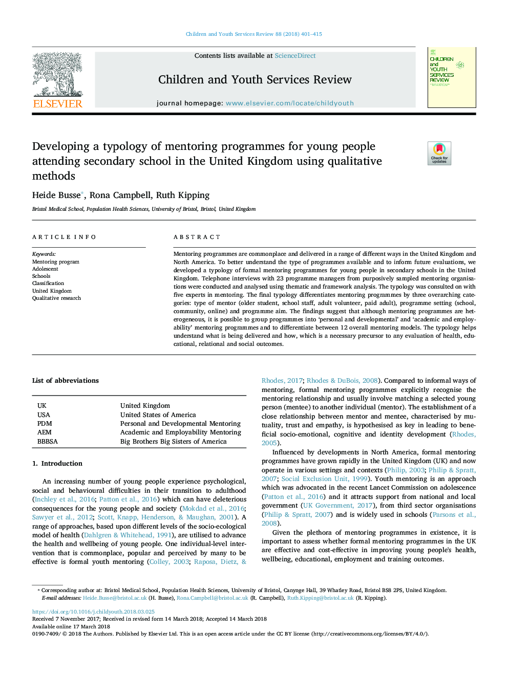 Developing a typology of mentoring programmes for young people attending secondary school in the United Kingdom using qualitative methods