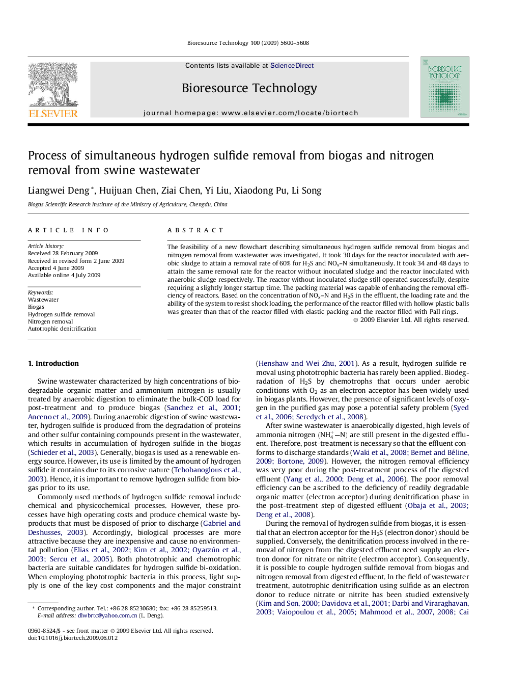 Process of simultaneous hydrogen sulfide removal from biogas and nitrogen removal from swine wastewater