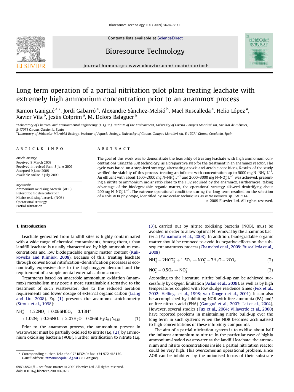 Long-term operation of a partial nitritation pilot plant treating leachate with extremely high ammonium concentration prior to an anammox process