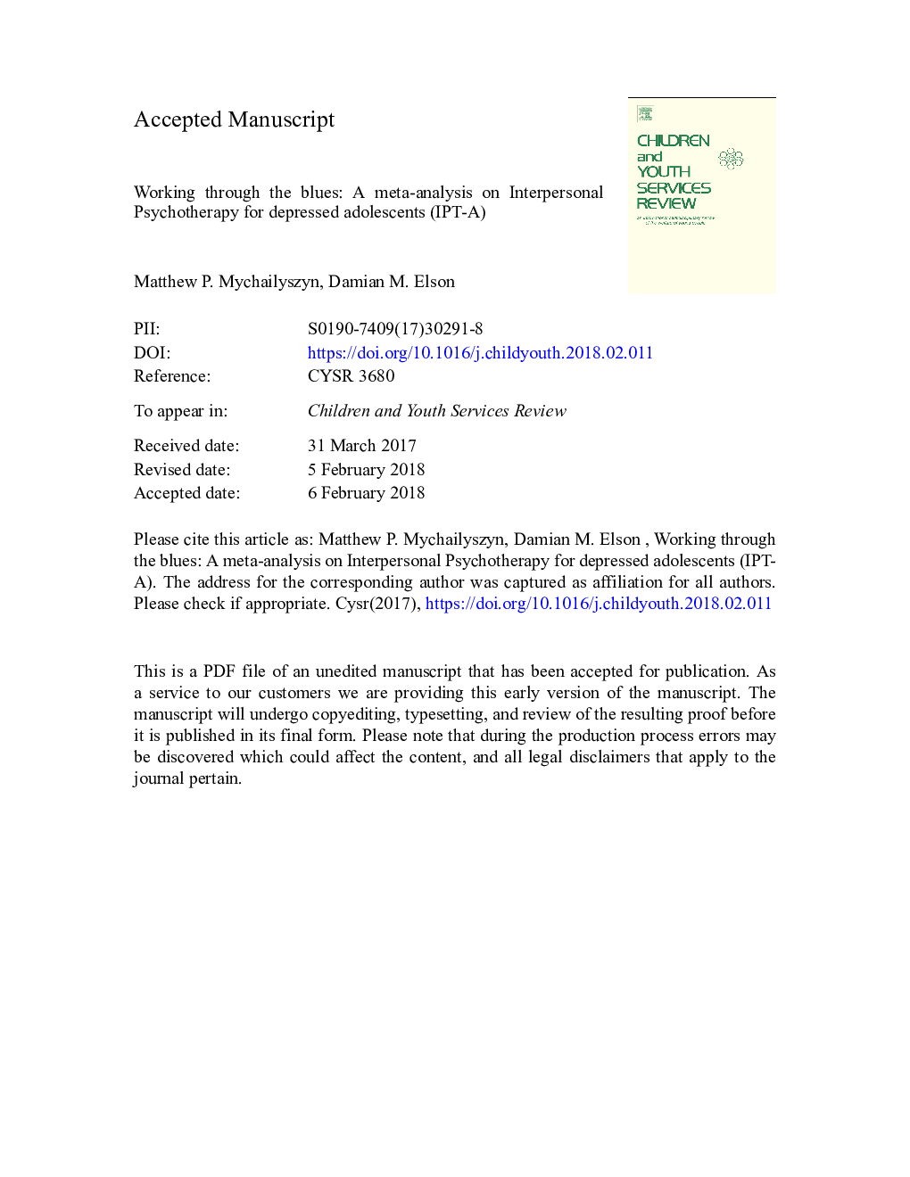 Working through the blues: A meta-analysis on Interpersonal Psychotherapy for depressed adolescents (IPT-A)