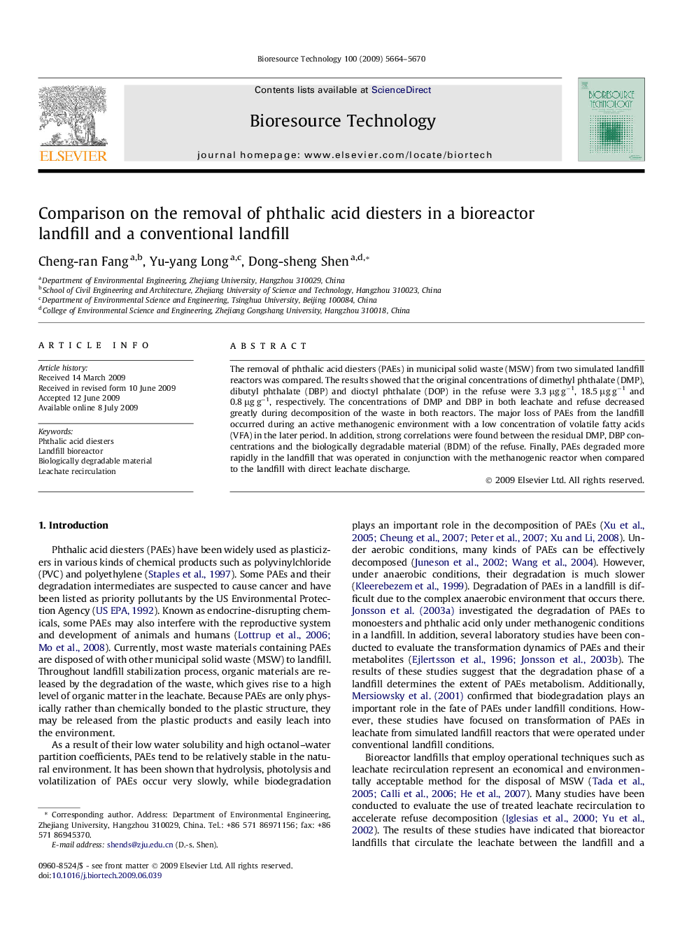 Comparison on the removal of phthalic acid diesters in a bioreactor landfill and a conventional landfill