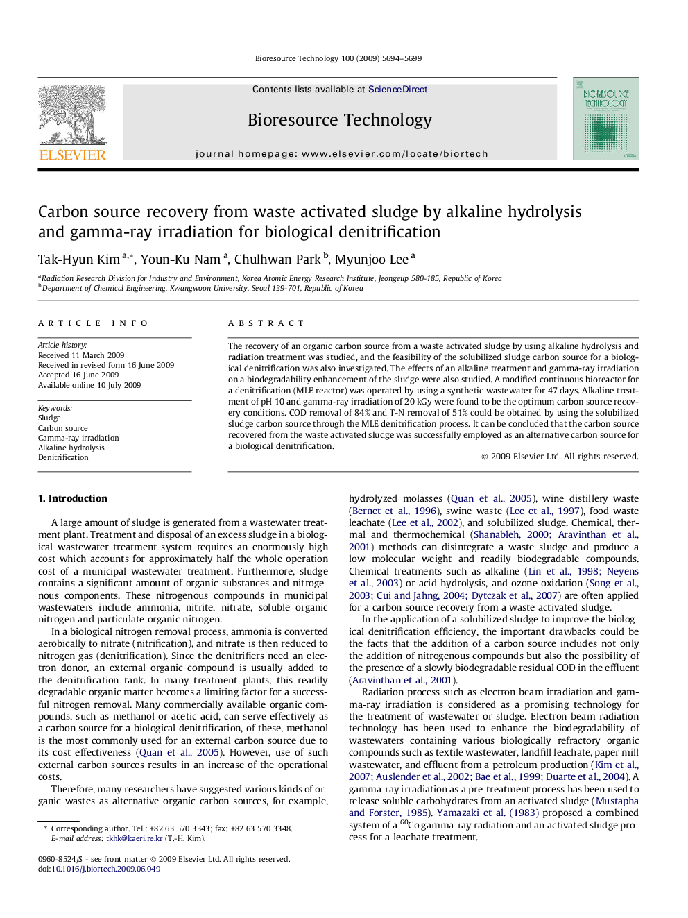 Carbon source recovery from waste activated sludge by alkaline hydrolysis and gamma-ray irradiation for biological denitrification