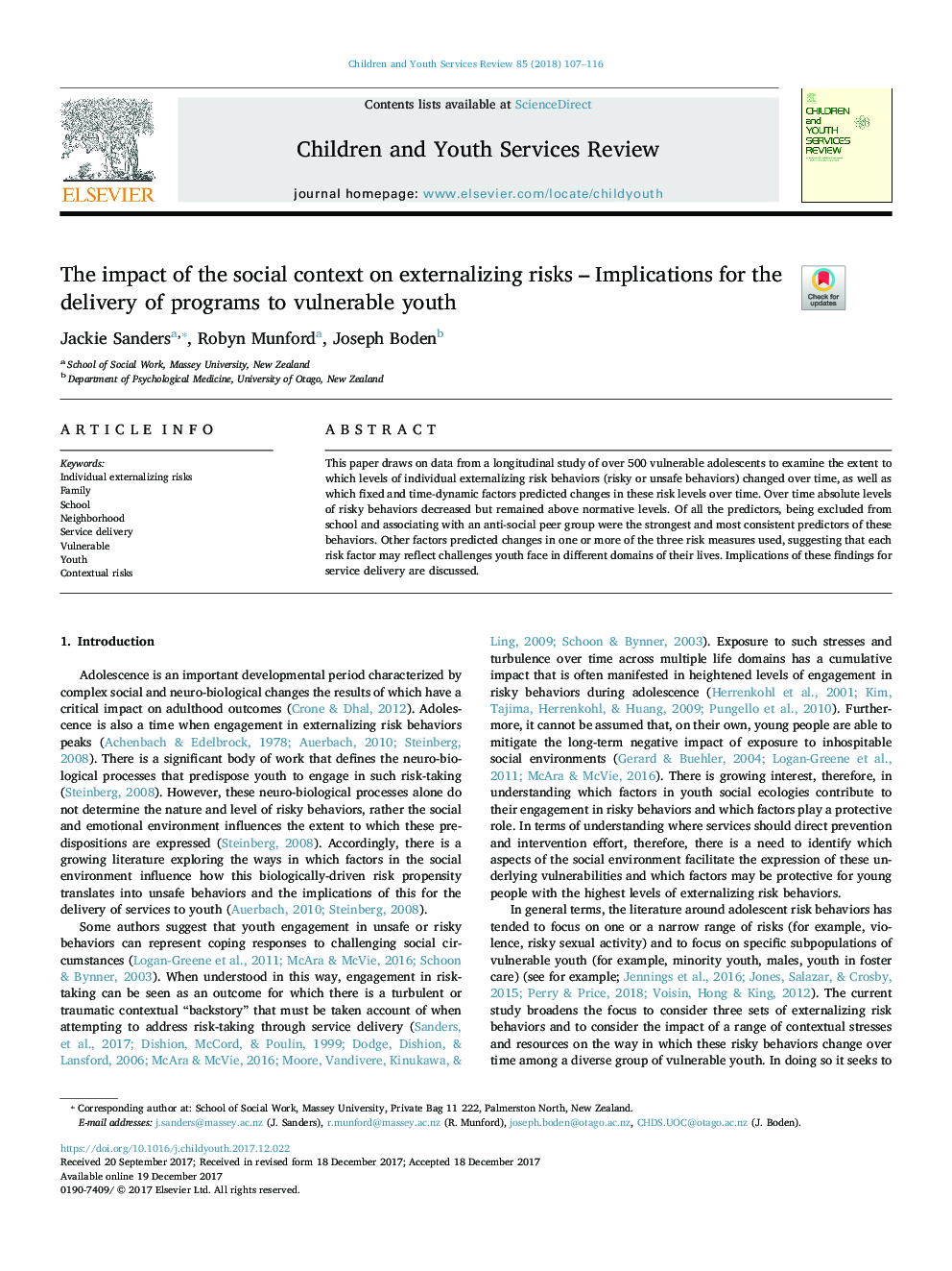 The impact of the social context on externalizing risks - Implications for the delivery of programs to vulnerable youth