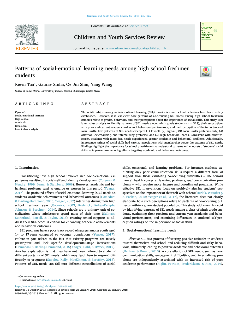 Patterns of social-emotional learning needs among high school freshmen students