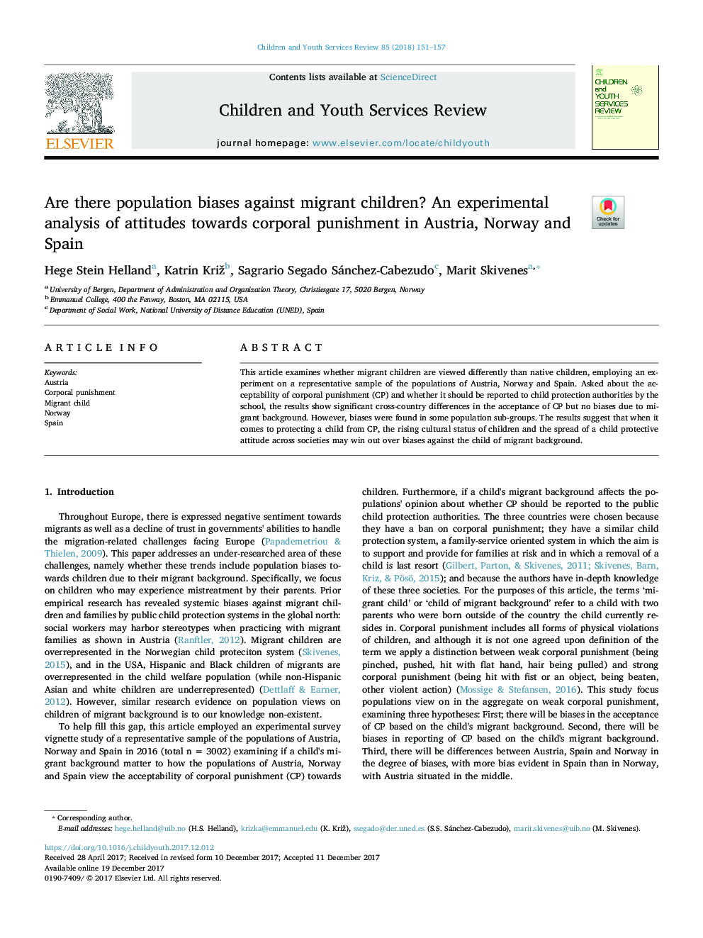 Are there population biases against migrant children? An experimental analysis of attitudes towards corporal punishment in Austria, Norway and Spain