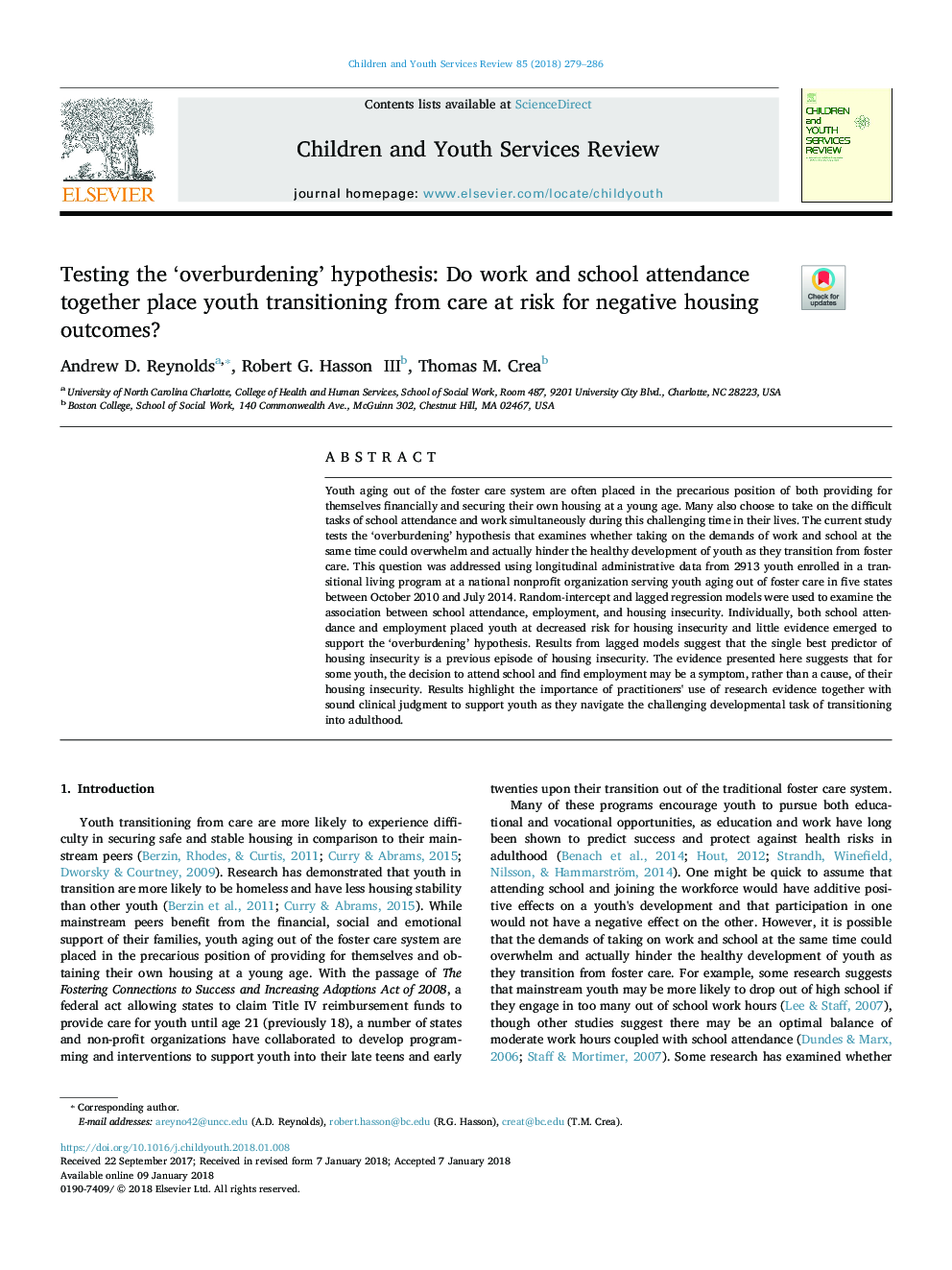 Testing the 'overburdening' hypothesis: Do work and school attendance together place youth transitioning from care at risk for negative housing outcomes?