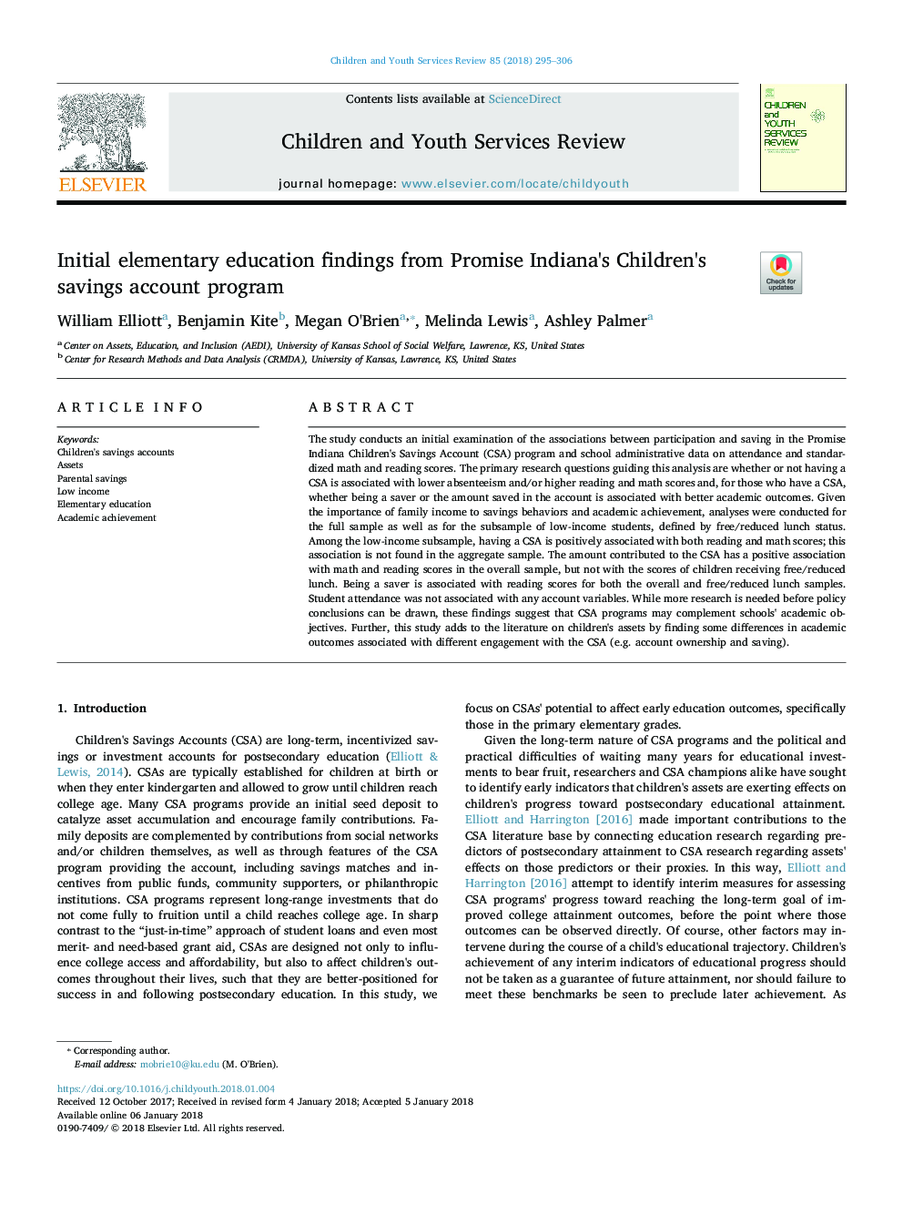 Initial elementary education findings from Promise Indiana's Children's savings account program