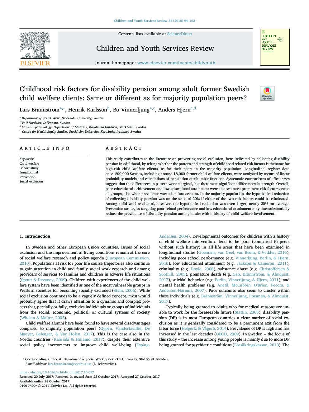 Childhood risk factors for disability pension among adult former Swedish child welfare clients: Same or different as for majority population peers?