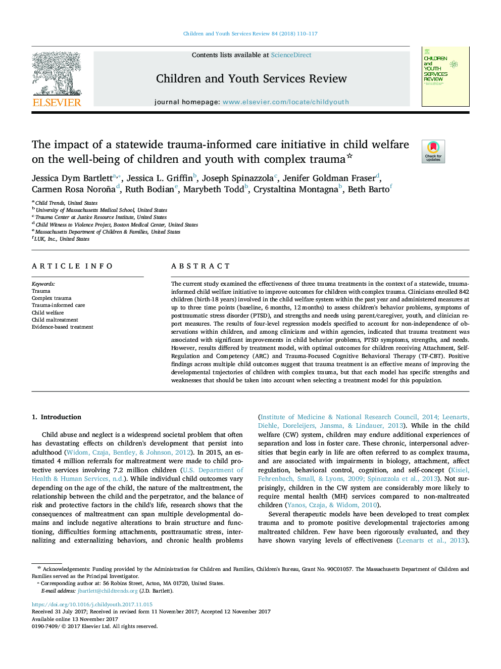 The impact of a statewide trauma-informed care initiative in child welfare on the well-being of children and youth with complex trauma