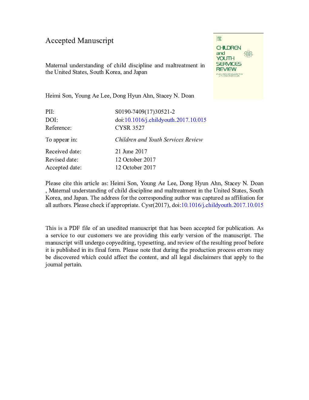 Maternal understanding of child discipline and maltreatment in the United States, South Korea, and Japan