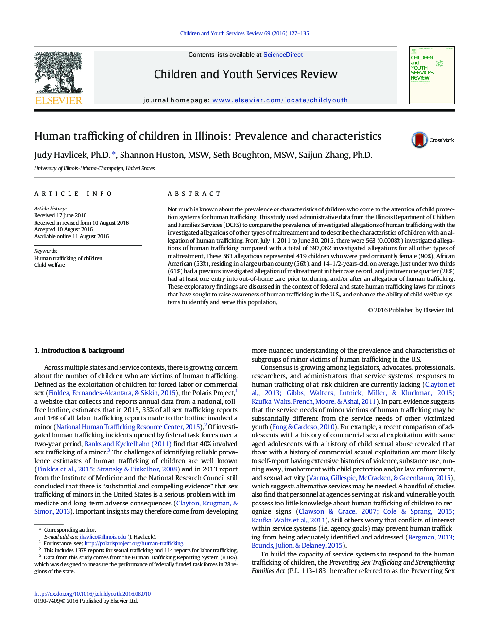 Human trafficking of children in Illinois: Prevalence and characteristics