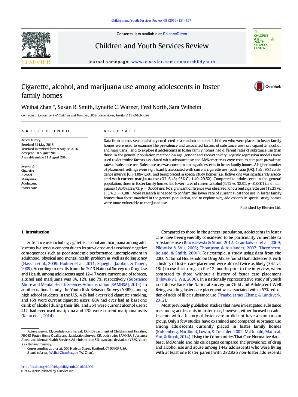 Cigarette, alcohol, and marijuana use among adolescents in foster family homes