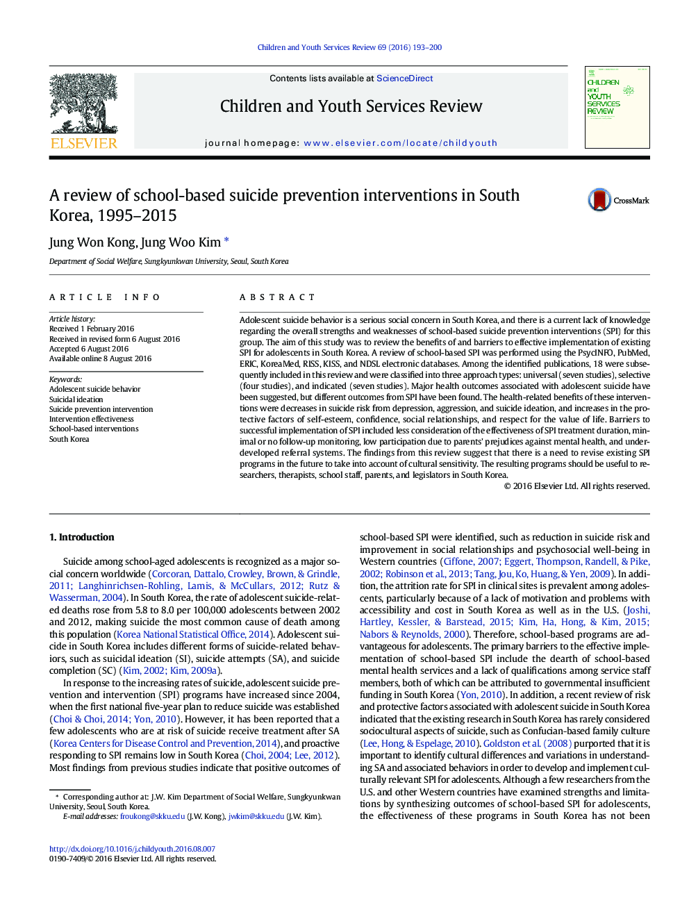 A review of school-based suicide prevention interventions in South Korea, 1995-2015