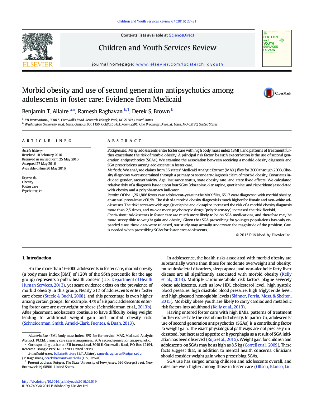 Morbid obesity and use of second generation antipsychotics among adolescents in foster care: Evidence from Medicaid