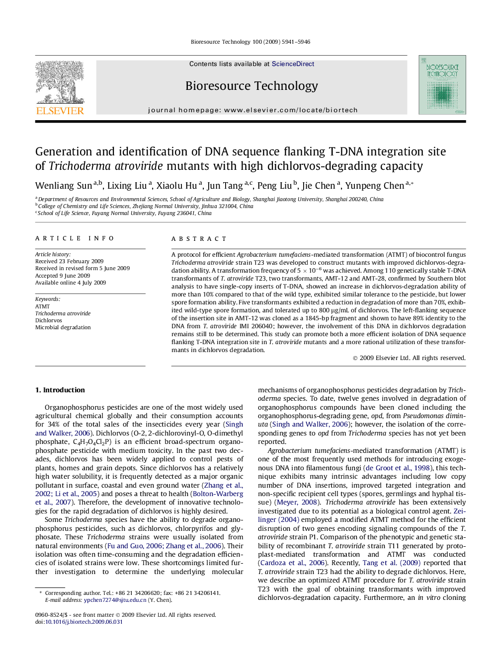 Generation and identification of DNA sequence flanking T-DNA integration site of Trichodermaatroviride mutants with high dichlorvos-degrading capacity