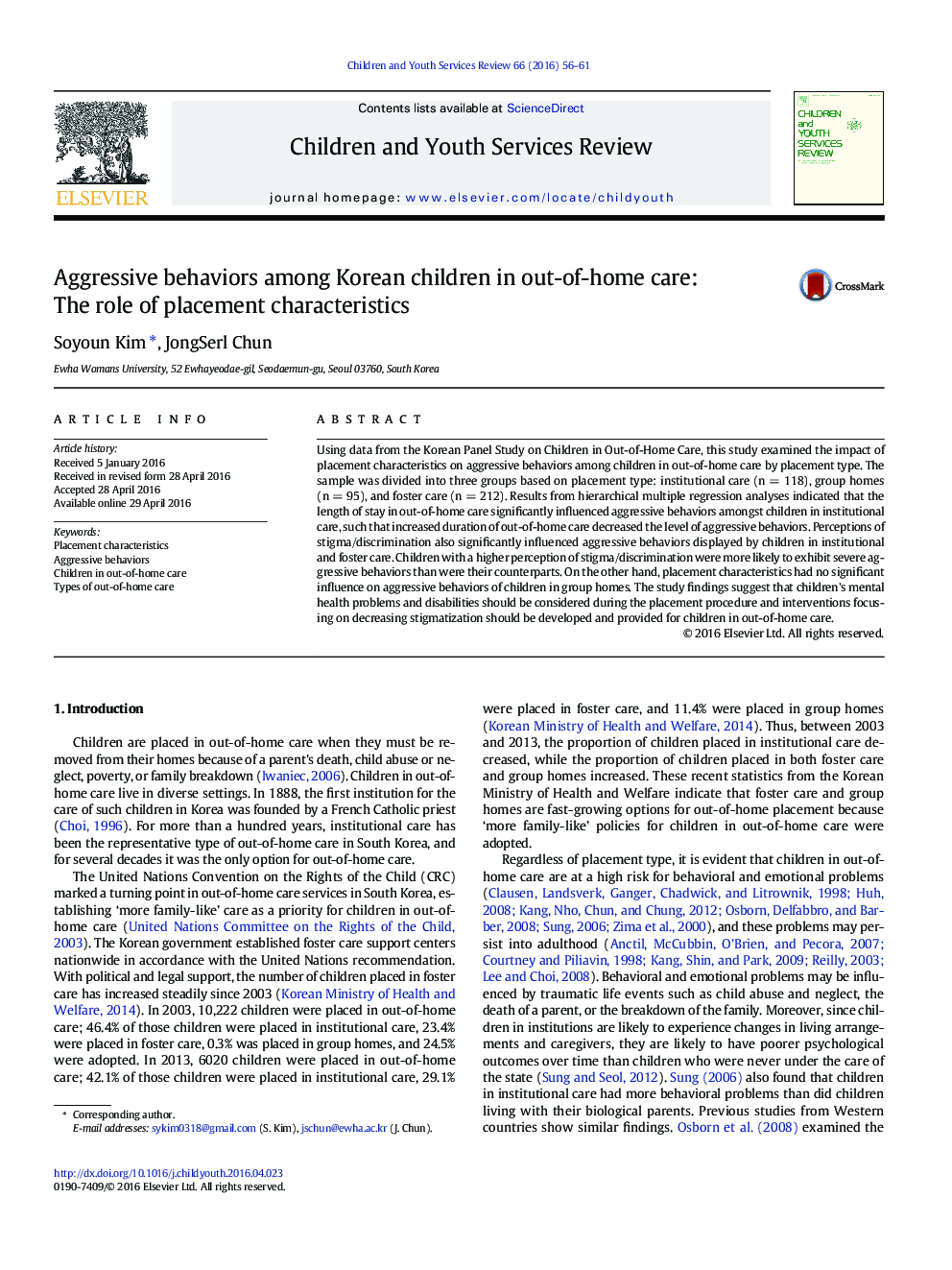 Aggressive behaviors among Korean children in out-of-home care: The role of placement characteristics