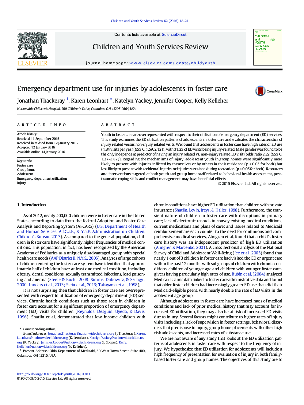 Emergency department use for injuries by adolescents in foster care