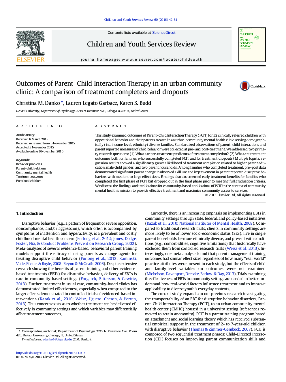 Outcomes of Parent-Child Interaction Therapy in an urban community clinic: A comparison of treatment completers and dropouts