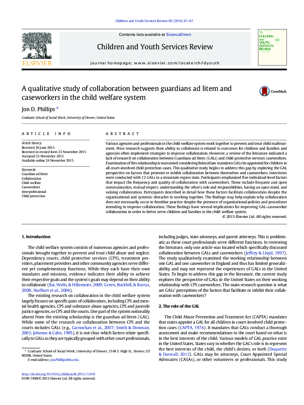 A qualitative study of collaboration between guardians ad litem and caseworkers in the child welfare system