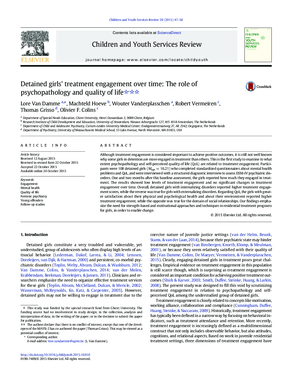Detained girls' treatment engagement over time: The role of psychopathology and quality of life