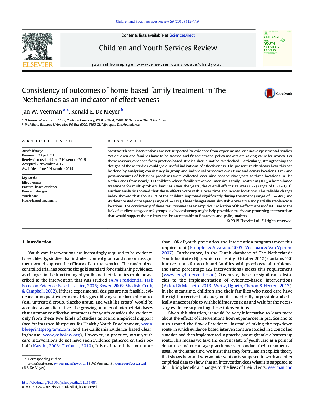 Consistency of outcomes of home-based family treatment in The Netherlands as an indicator of effectiveness