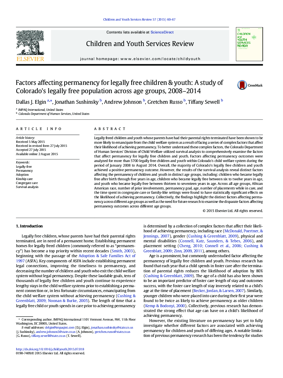 Factors affecting permanency for legally free children & youth: A study of Colorado's legally free population across age groups, 2008-2014