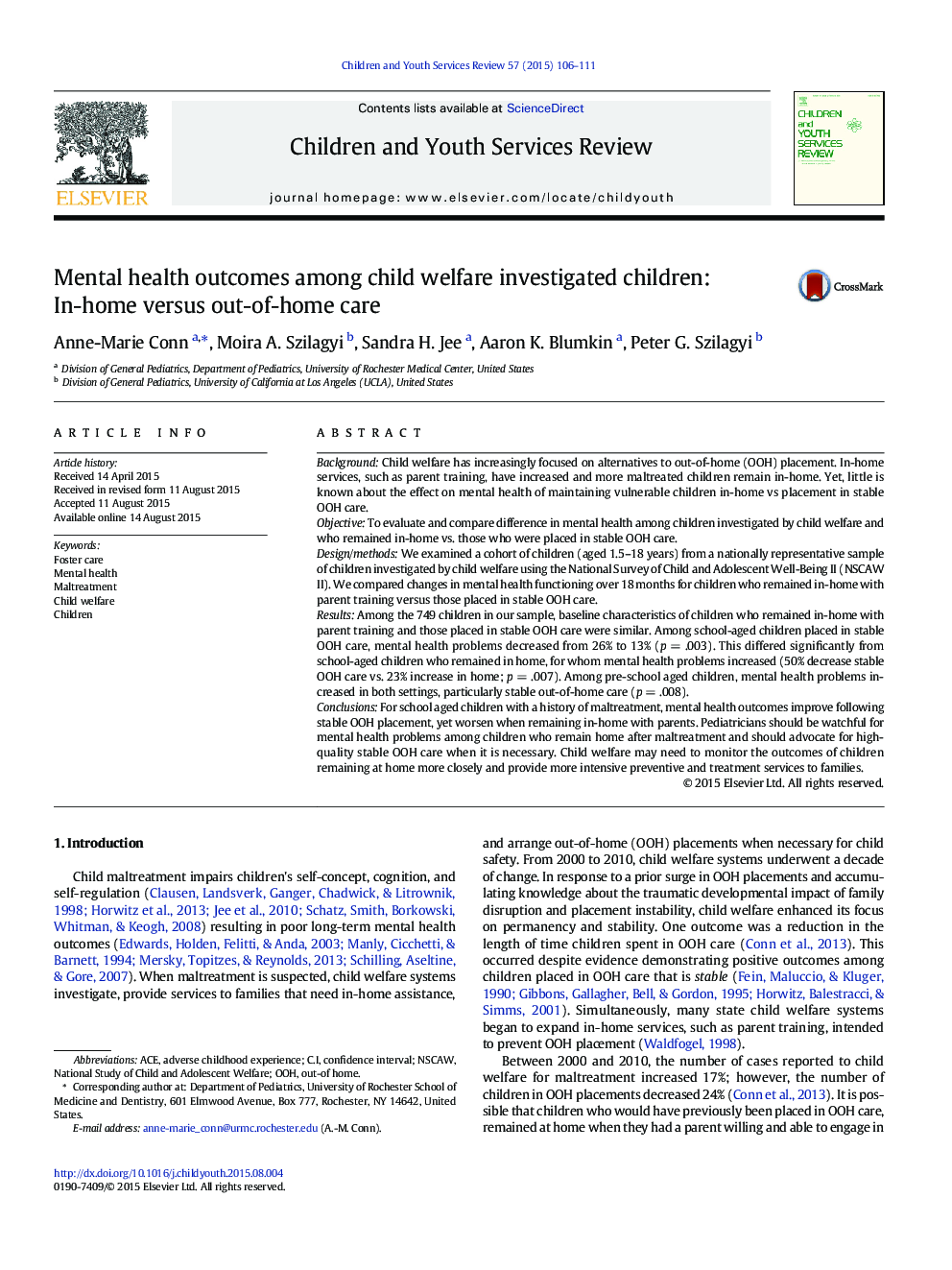 Mental health outcomes among child welfare investigated children: In-home versus out-of-home care