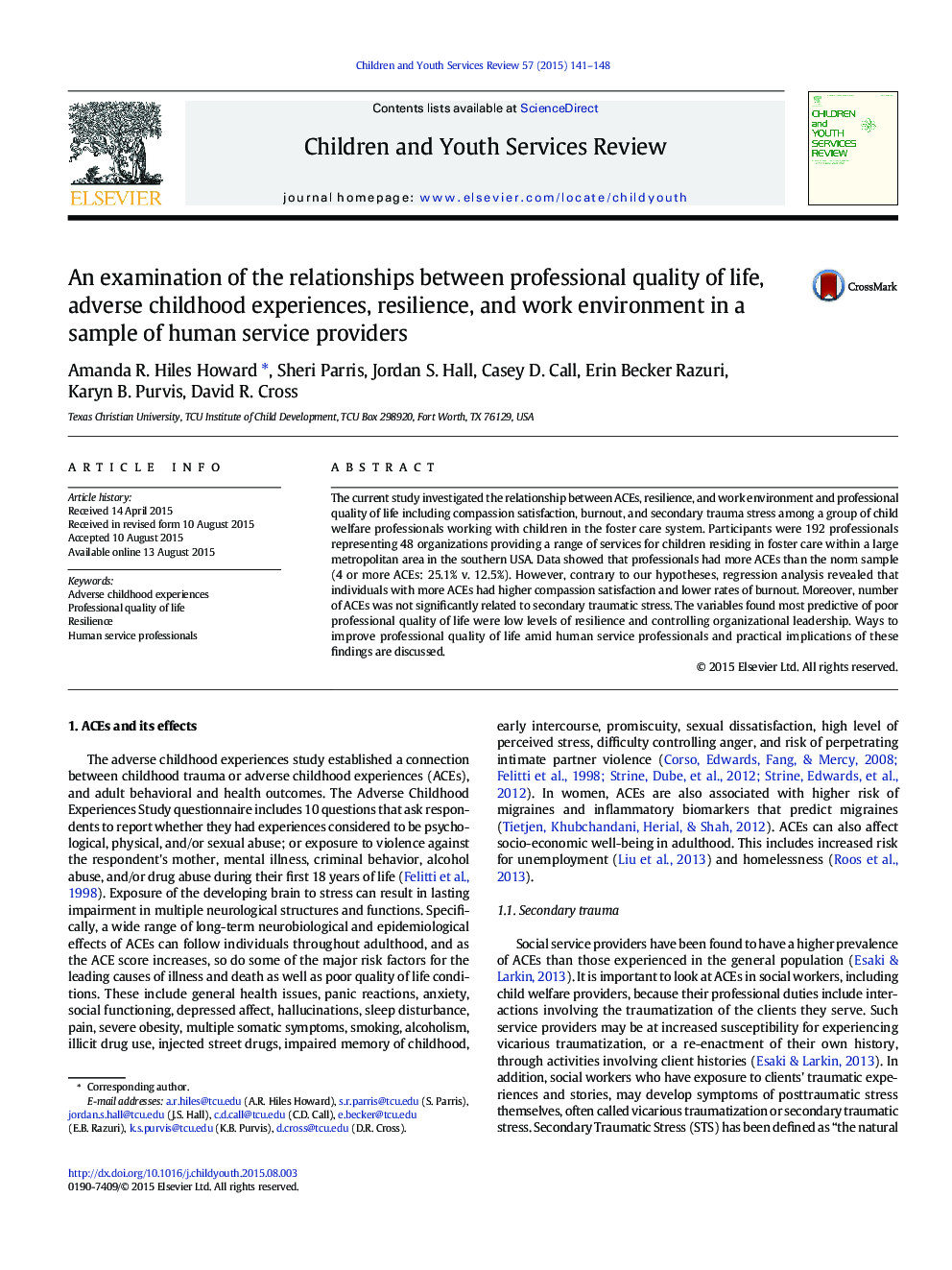 An examination of the relationships between professional quality of life, adverse childhood experiences, resilience, and work environment in a sample of human service providers