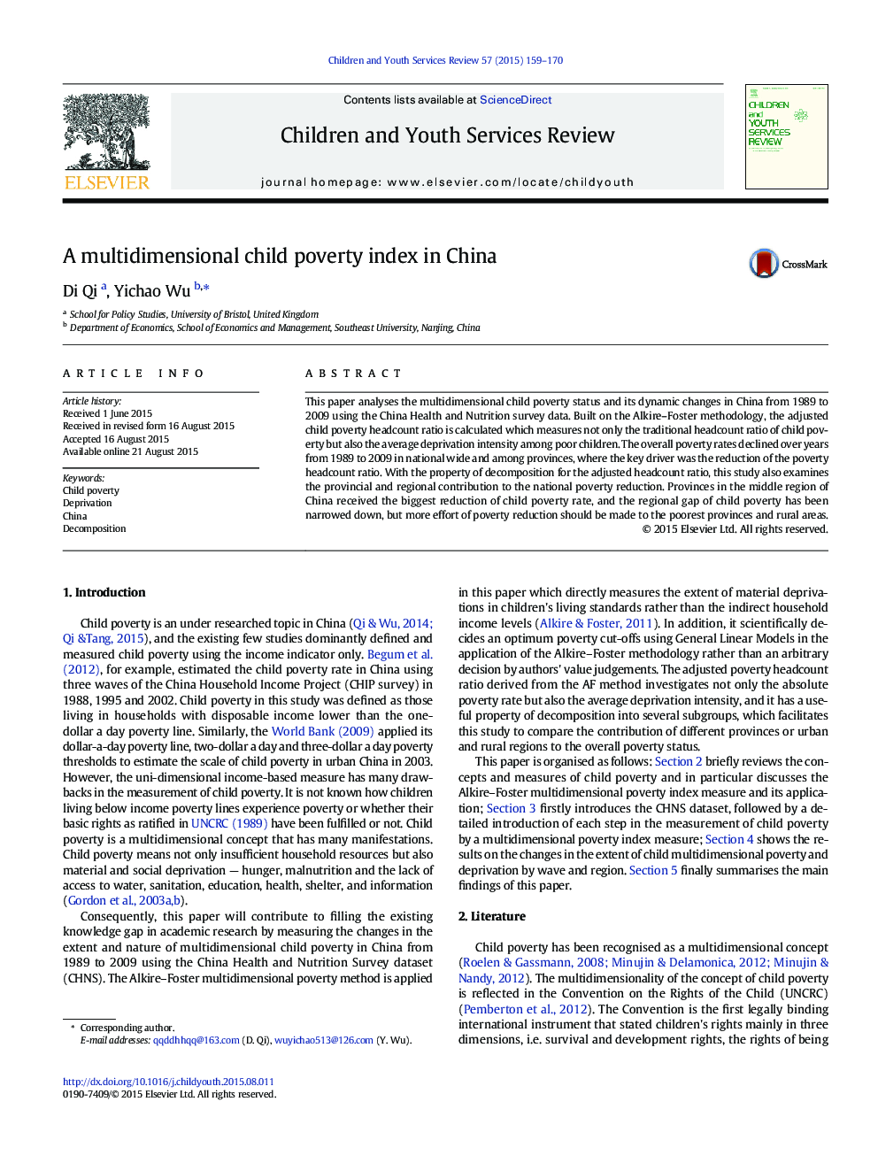 A multidimensional child poverty index in China