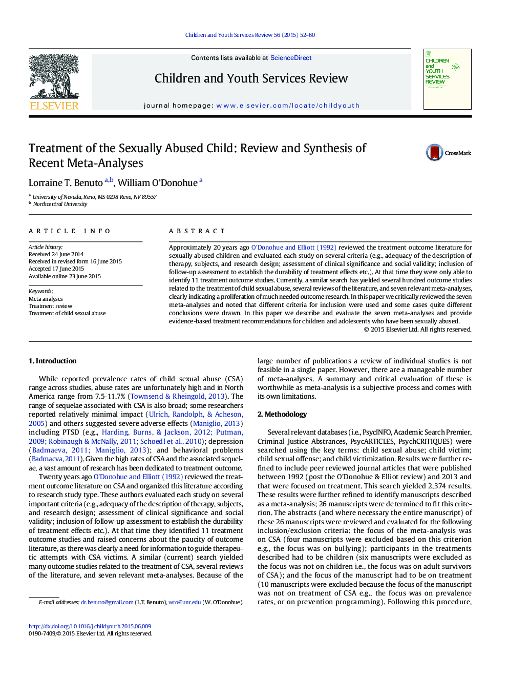 Treatment of the Sexually Abused Child: Review and Synthesis of Recent Meta-Analyses