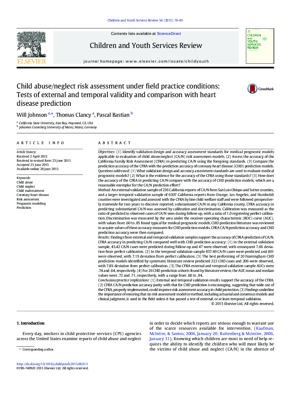 Child abuse/neglect risk assessment under field practice conditions: Tests of external and temporal validity and comparison with heart disease prediction