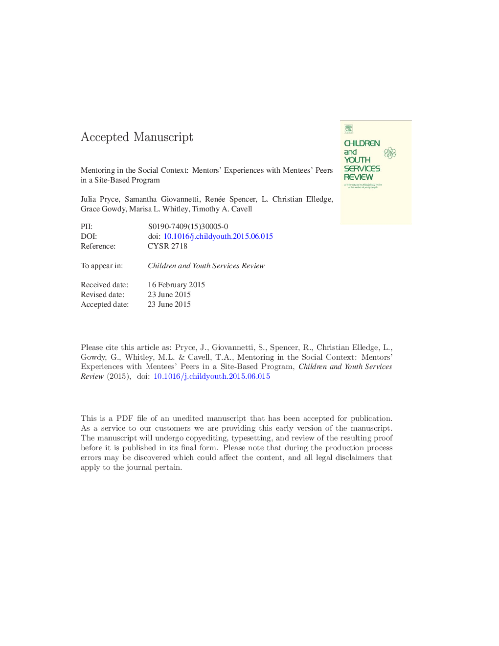 Mentoring in the social context: Mentors' experiences with mentees' peers in a site-based program