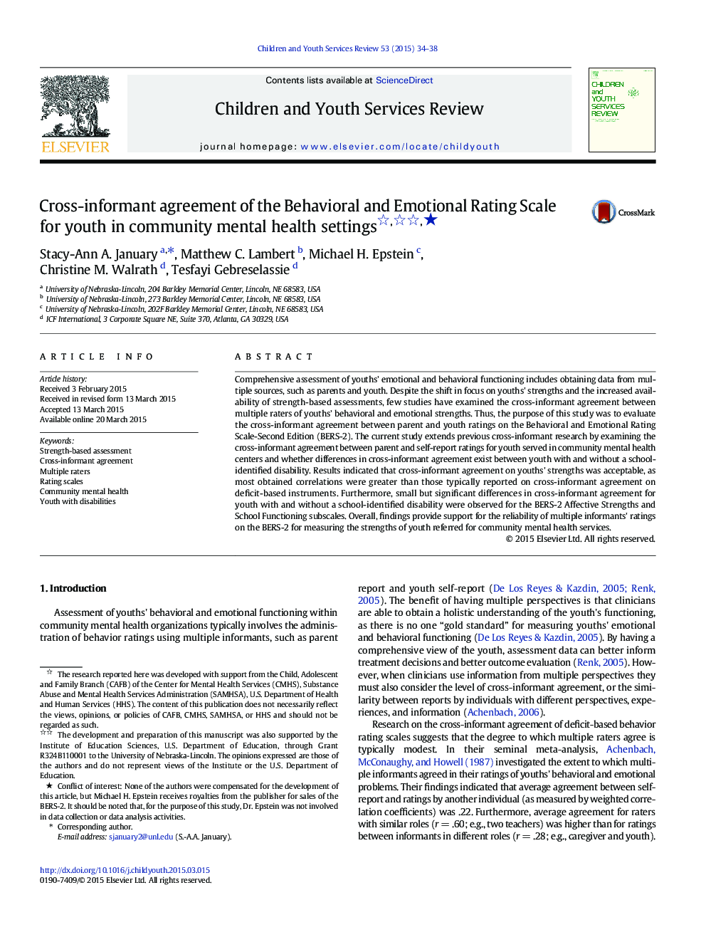 Cross-informant agreement of the Behavioral and Emotional Rating Scale for youth in community mental health settings