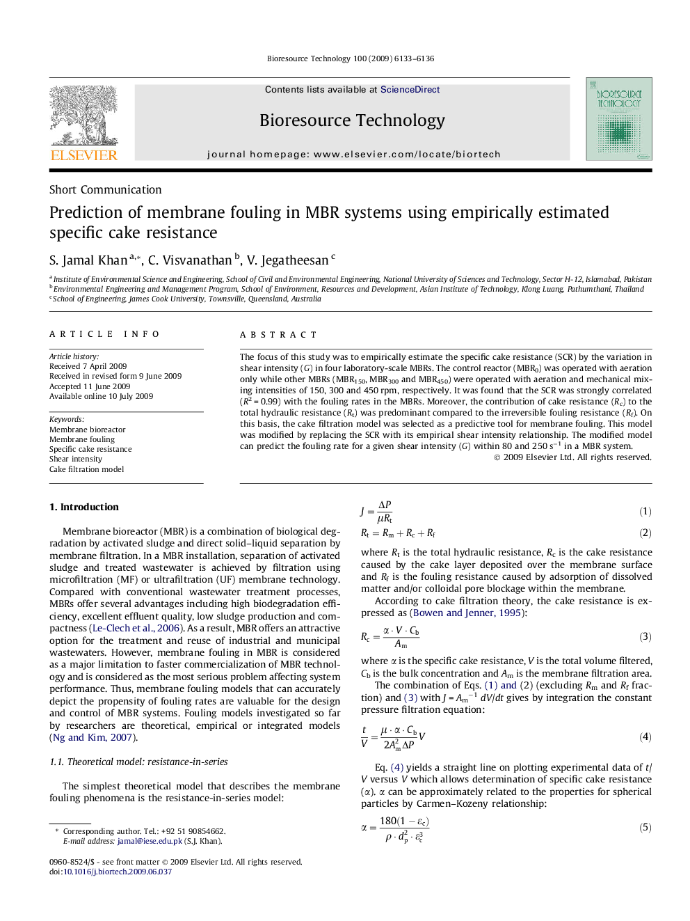 Prediction of membrane fouling in MBR systems using empirically estimated specific cake resistance