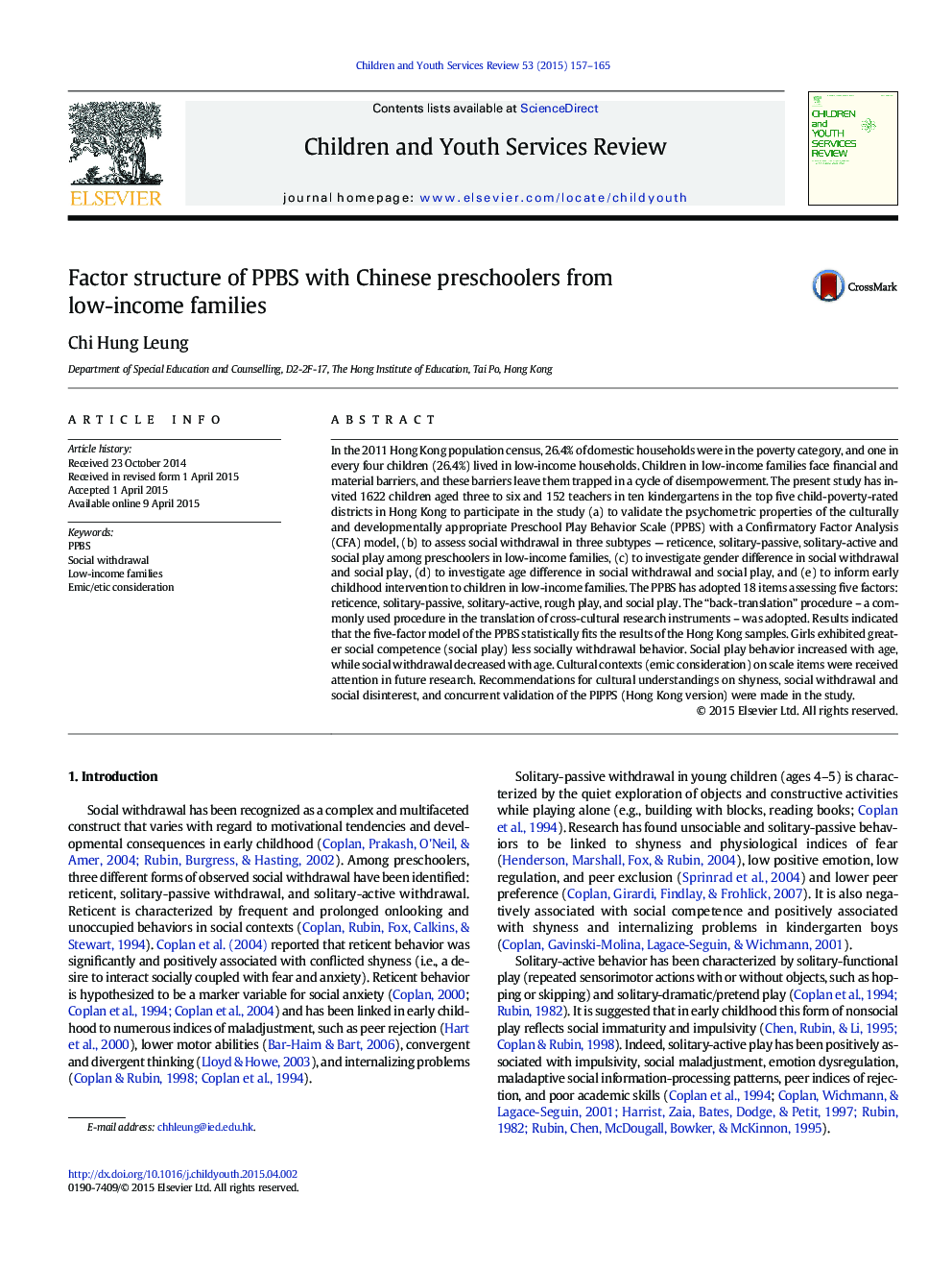 Factor structure of PPBS with Chinese preschoolers from low-income families