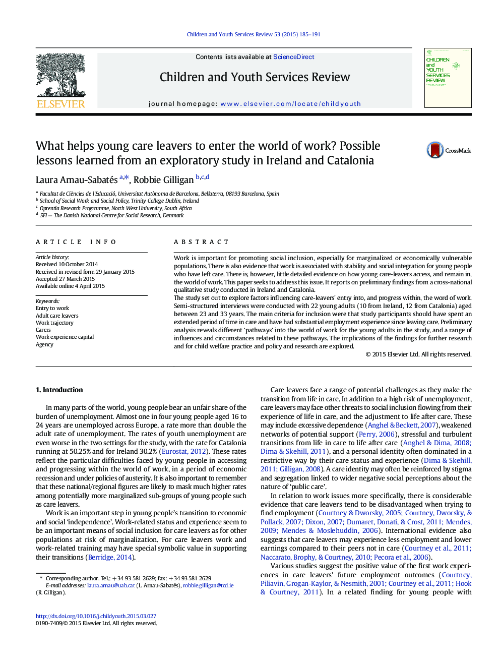 What helps young care leavers to enter the world of work? Possible lessons learned from an exploratory study in Ireland and Catalonia