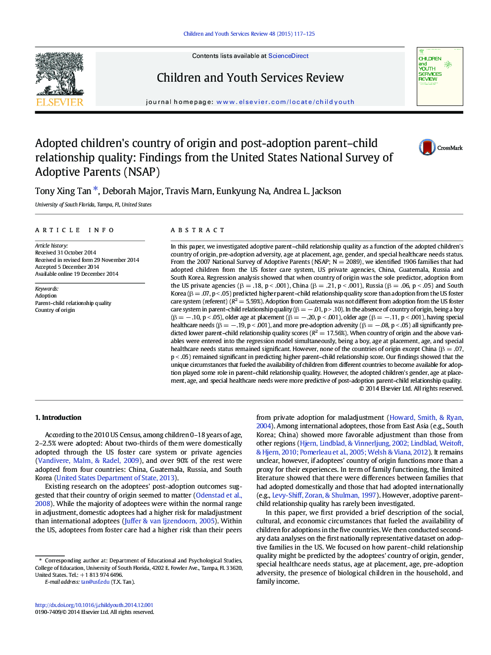 Adopted children's country of origin and post-adoption parent-child relationship quality: Findings from the United States National Survey of Adoptive Parents (NSAP)