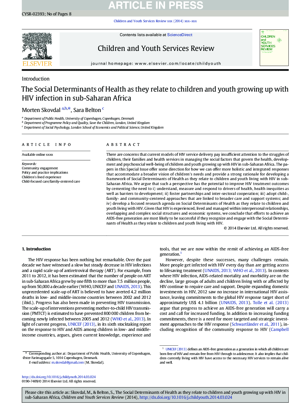 The Social Determinants of Health as they relate to children and youth growing up with HIV infection in sub-Saharan Africa