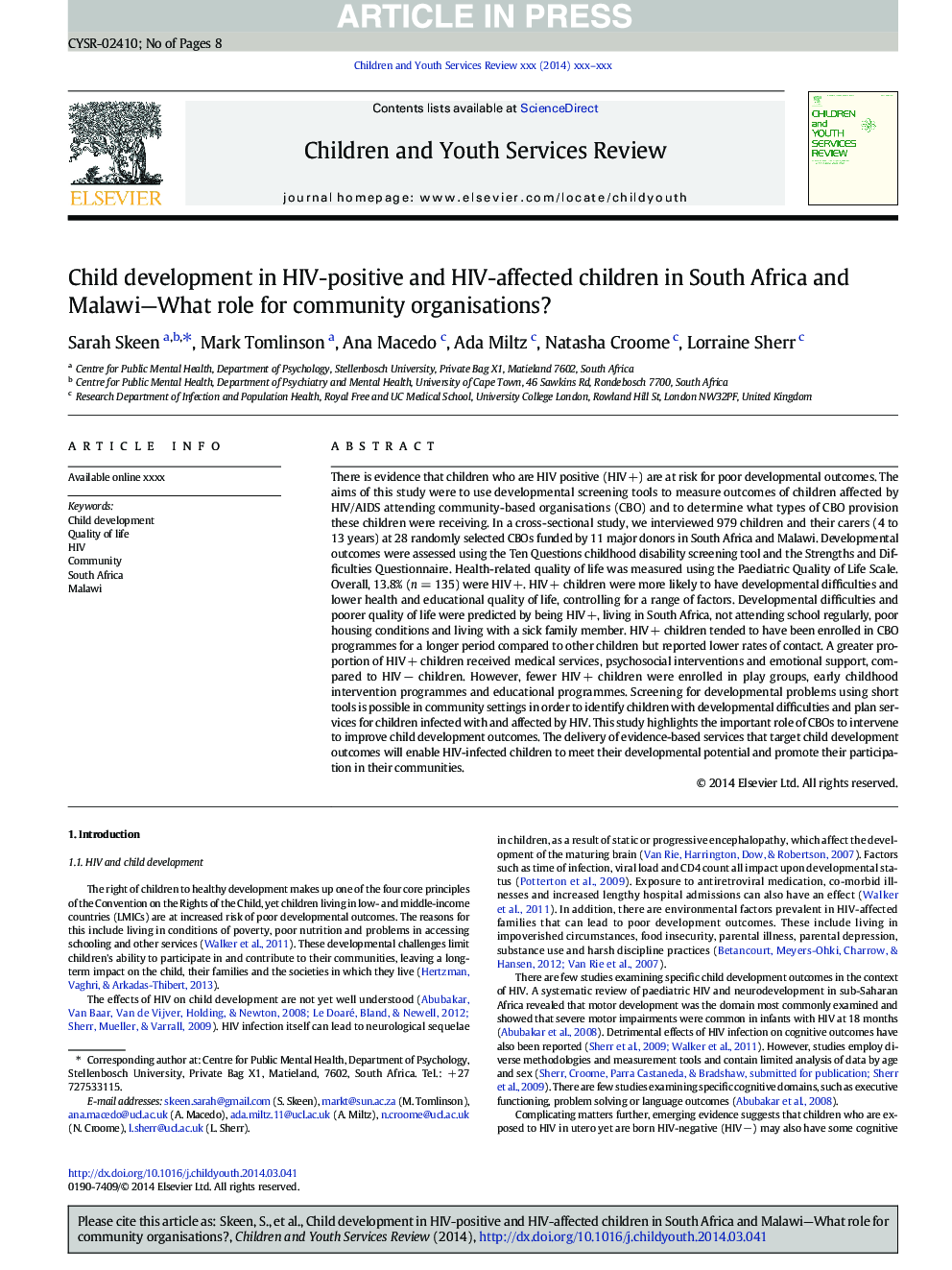 Child development in HIV-positive and HIV-affected children in South Africa and Malawi-What role for community organisations?