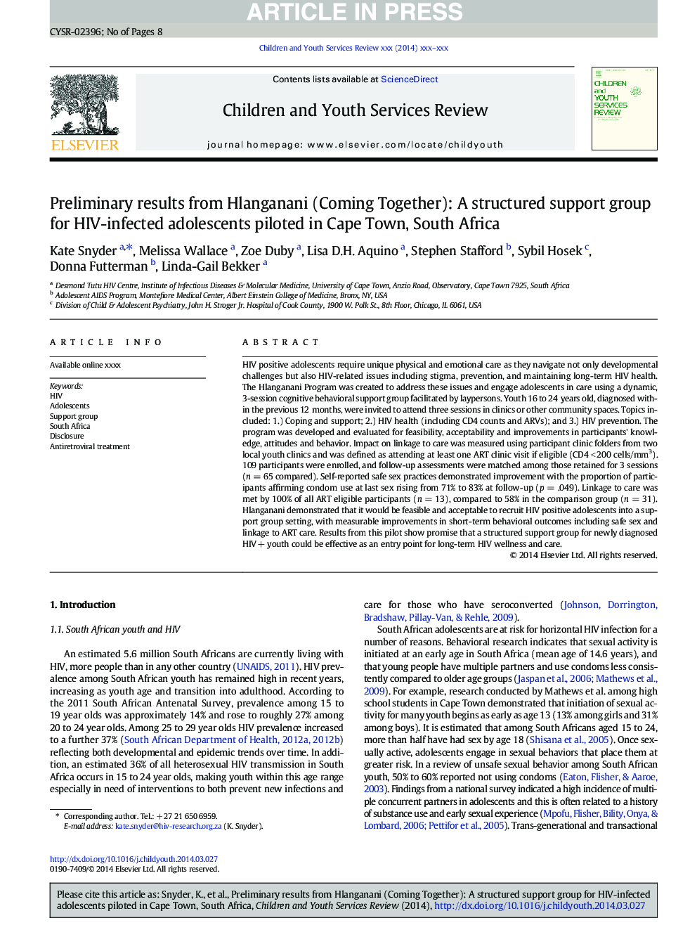 Preliminary results from Hlanganani (Coming Together): A structured support group for HIV-infected adolescents piloted in Cape Town, South Africa