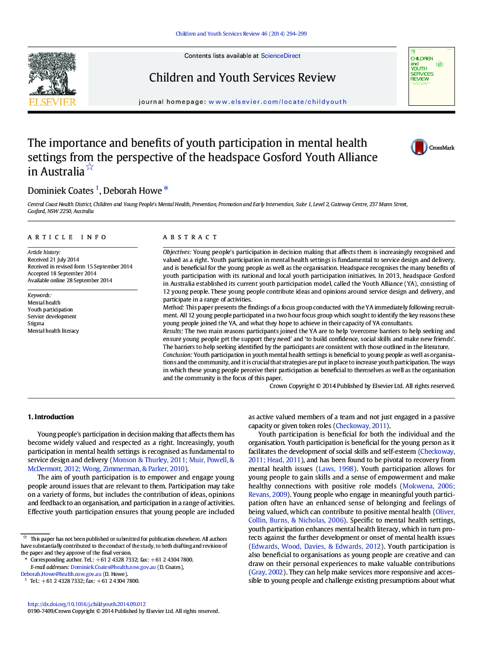 The importance and benefits of youth participation in mental health settings from the perspective of the headspace Gosford Youth Alliance in Australia