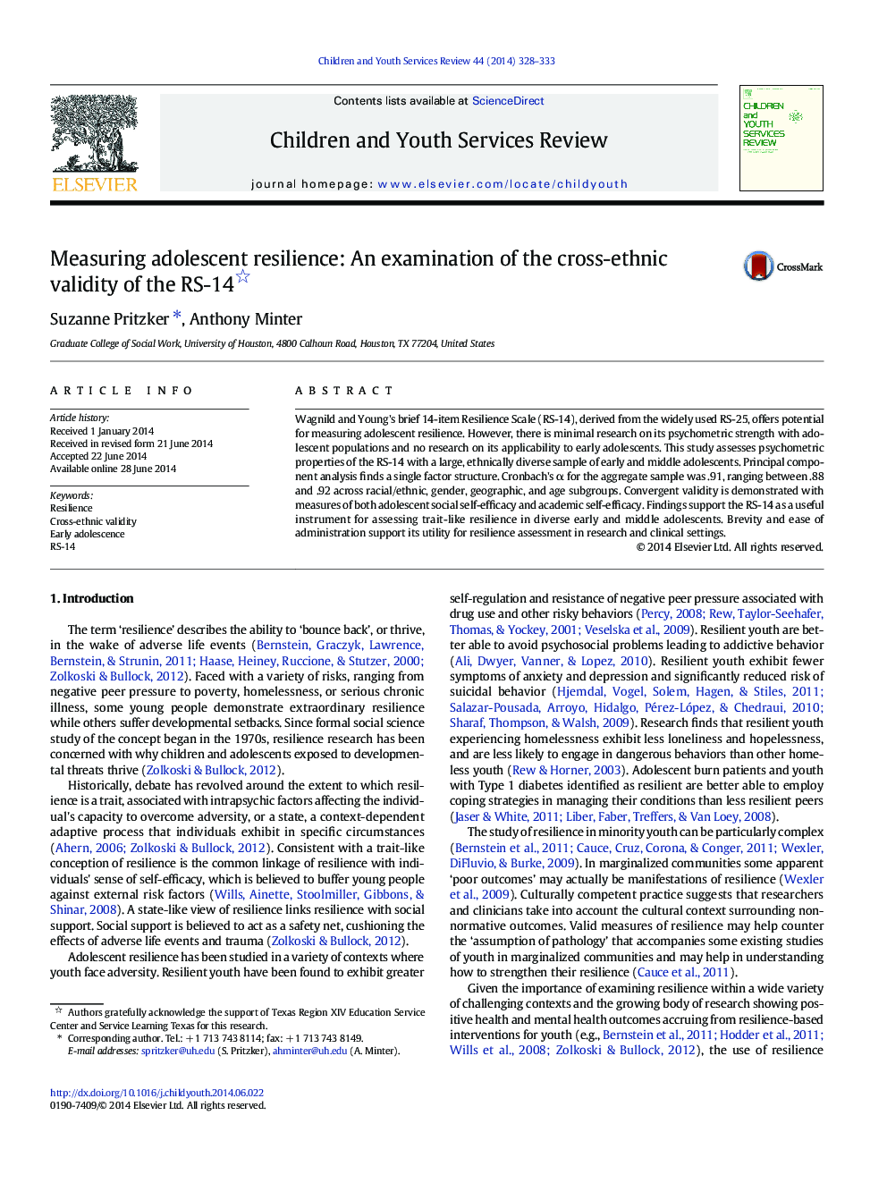 Measuring adolescent resilience: An examination of the cross-ethnic validity of the RS-14