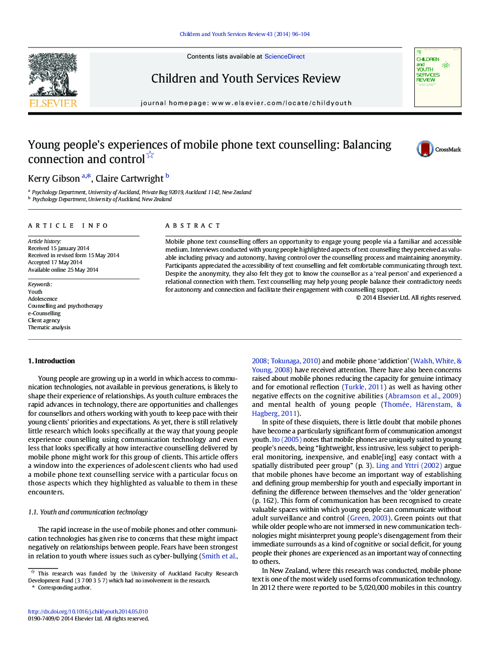 Young people's experiences of mobile phone text counselling: Balancing connection and control