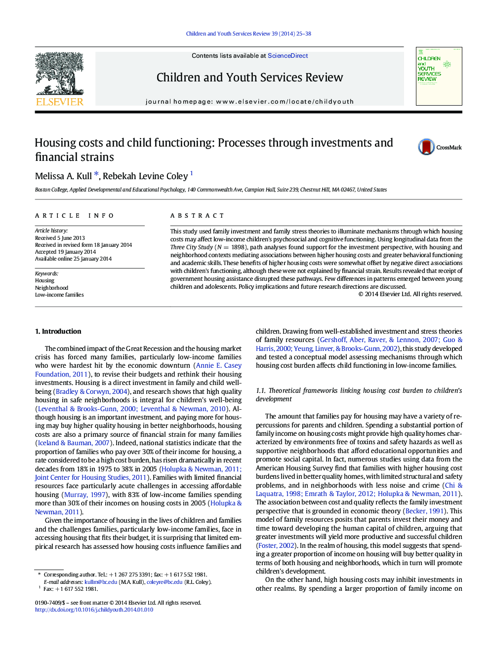 Housing costs and child functioning: Processes through investments and financial strains