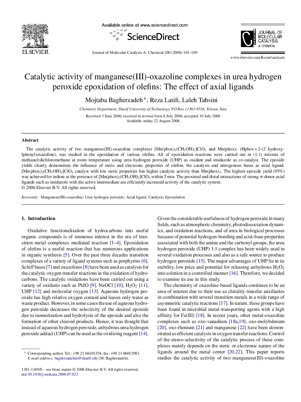 Catalytic activity of manganese(III)-oxazoline complexes in urea hydrogen peroxide epoxidation of olefins: The effect of axial ligands