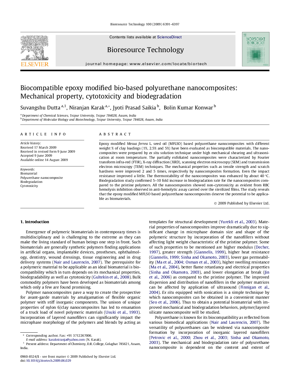 عکس صفحه اول مقاله: Biocompatible epoxy modified bio-based polyurethane nanocomposites: Mechanical property, cytotoxicity and biodegradation Biocompatible epoxy modified bio-based polyurethane nanocomposites: Mechanical property, cytotoxicity and biodegradation