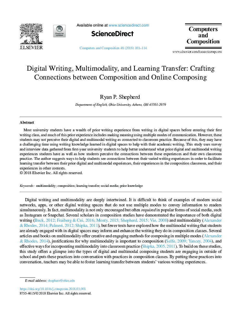 Digital Writing, Multimodality, and Learning Transfer: Crafting Connections between Composition and Online Composing