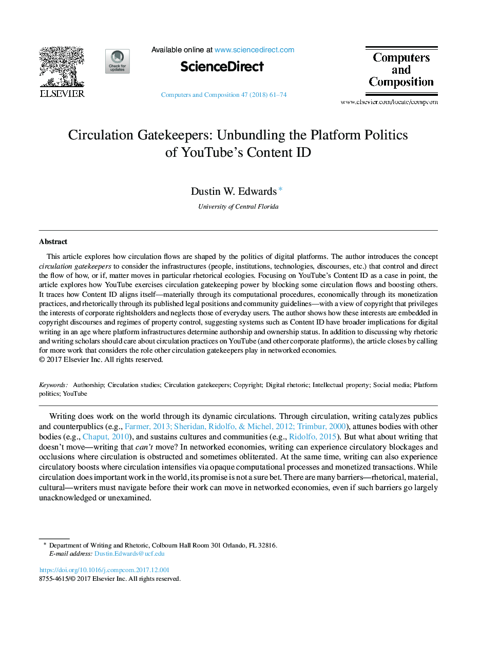 Circulation Gatekeepers: Unbundling the Platform Politics of YouTube's Content ID